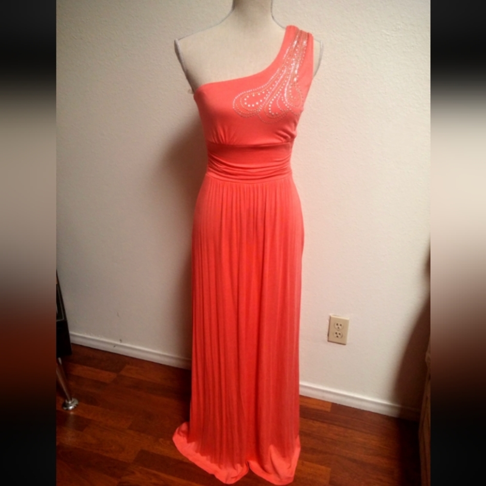 One Shoulder Bead Embellished Maxi Dress Coral Sz 7